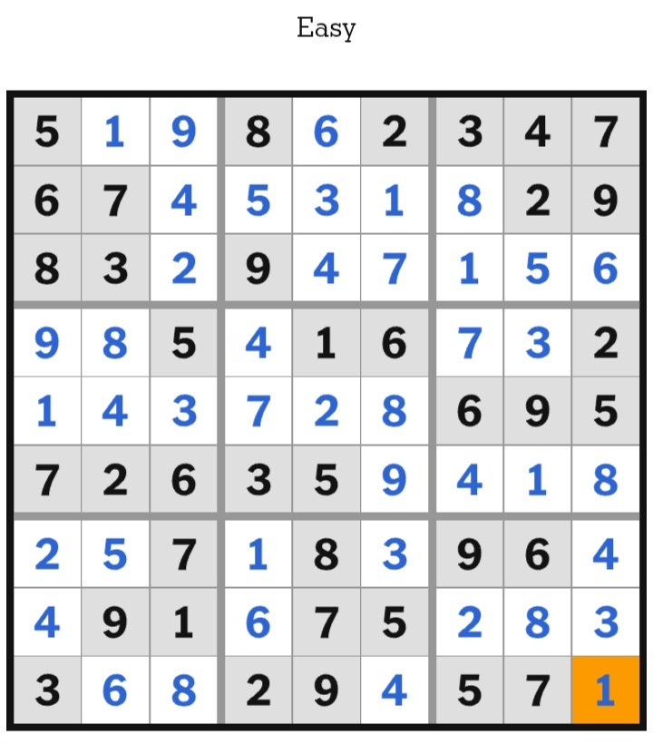 NYT Sudoku Easy Answers January 12, 2026