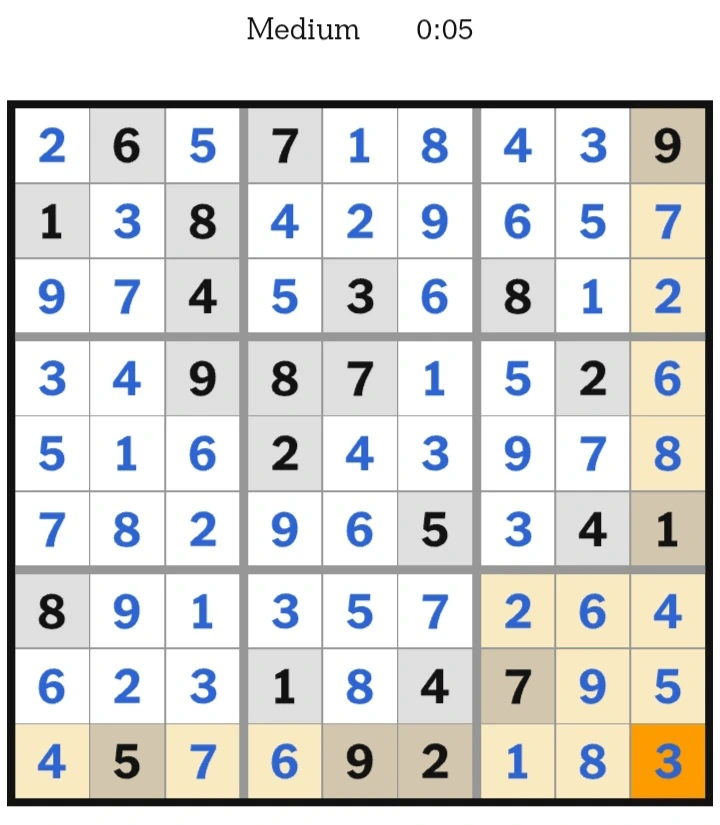 NYT Sudoku Medium Answers January 09, 2026