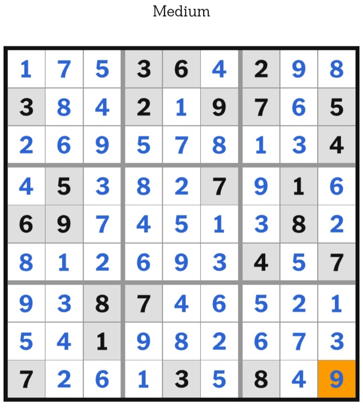 NYT Sudoku Medium Answers January 11, 2026