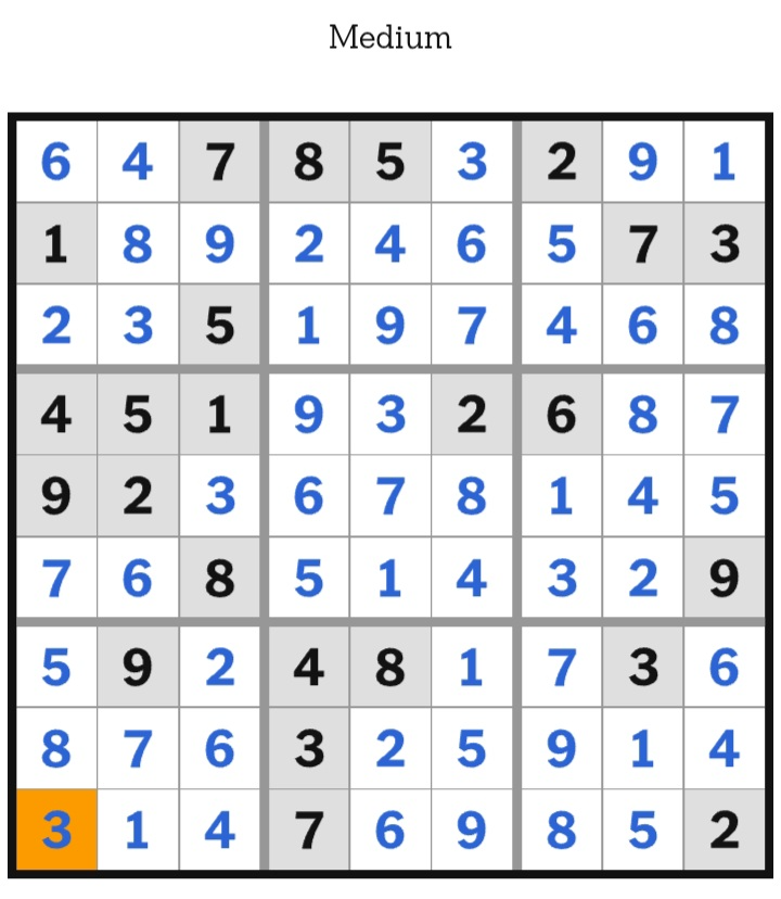 NYT Sudoku Medium Answers January 12, 2026