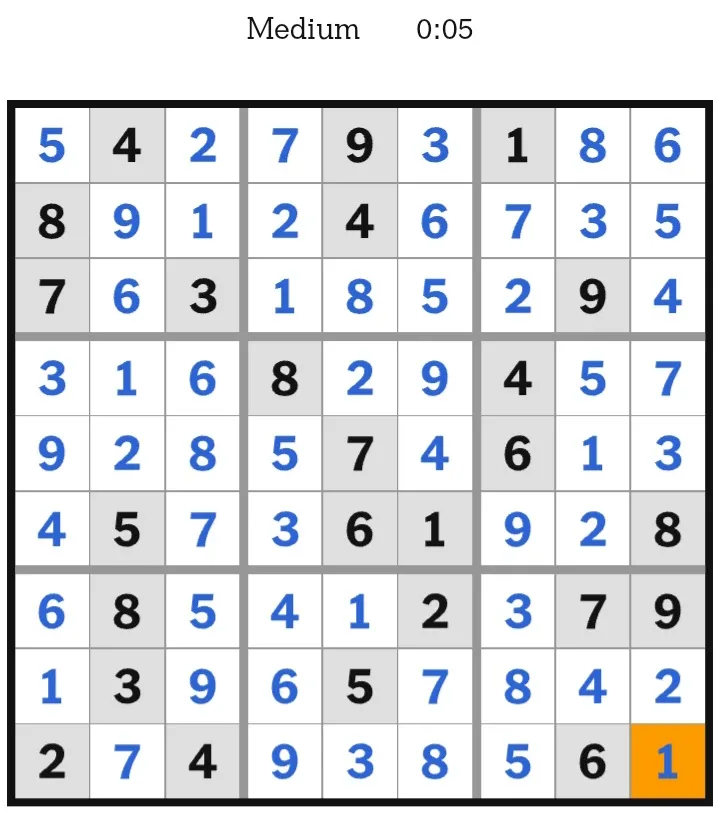 NYT Sudoku Medium Answers January 15, 2026