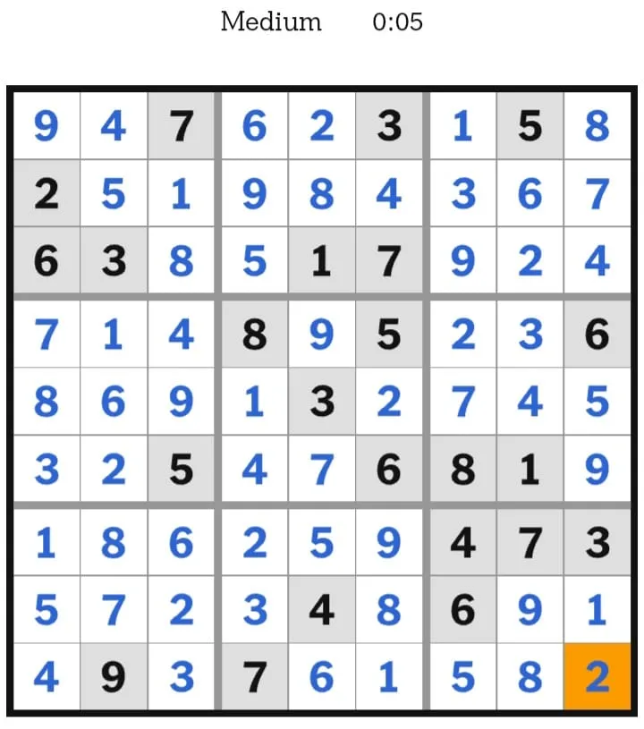 NYT Sudoku Medium Answers January 22, 2026