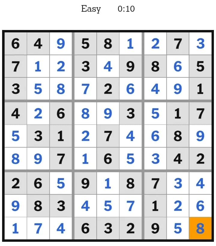 NYT Sudoku Easy Answers February 08, 2026