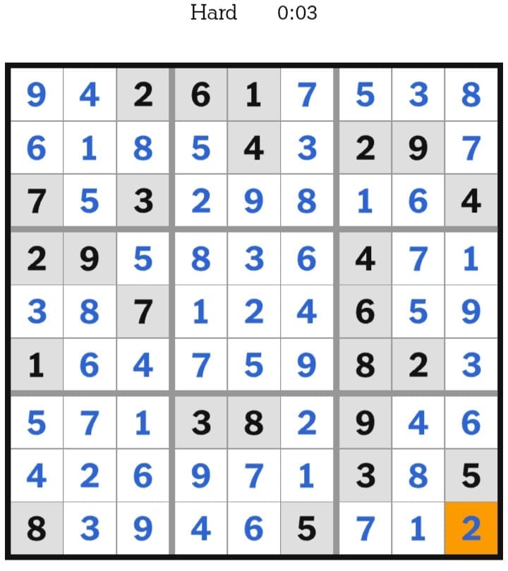NYT Sudoku Hard Answers February 23, 2026
