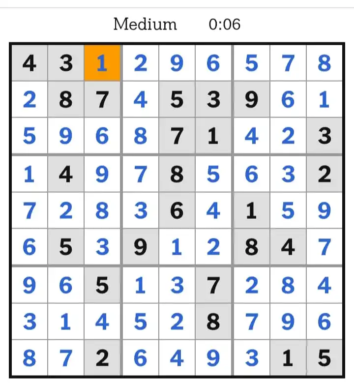NYT Sudoku Medium Answer February 06, 2026