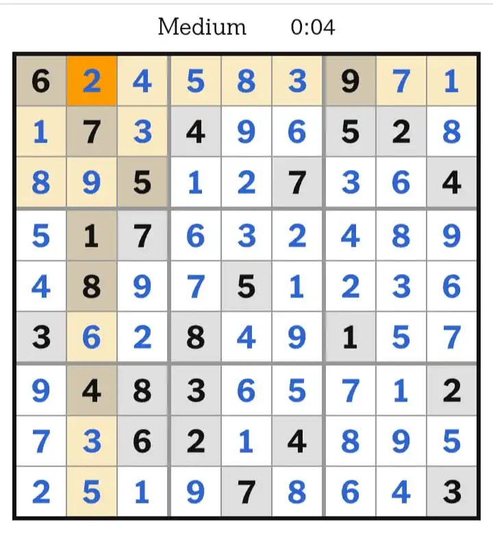 NYT Sudoku Medium Answers March 25, 2026