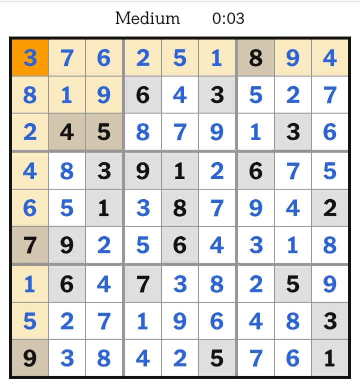 NYT Sudoku Medium Answers April 22, 2026
