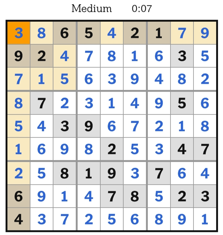NYT Sudoku Medium Answers May 08, 2026