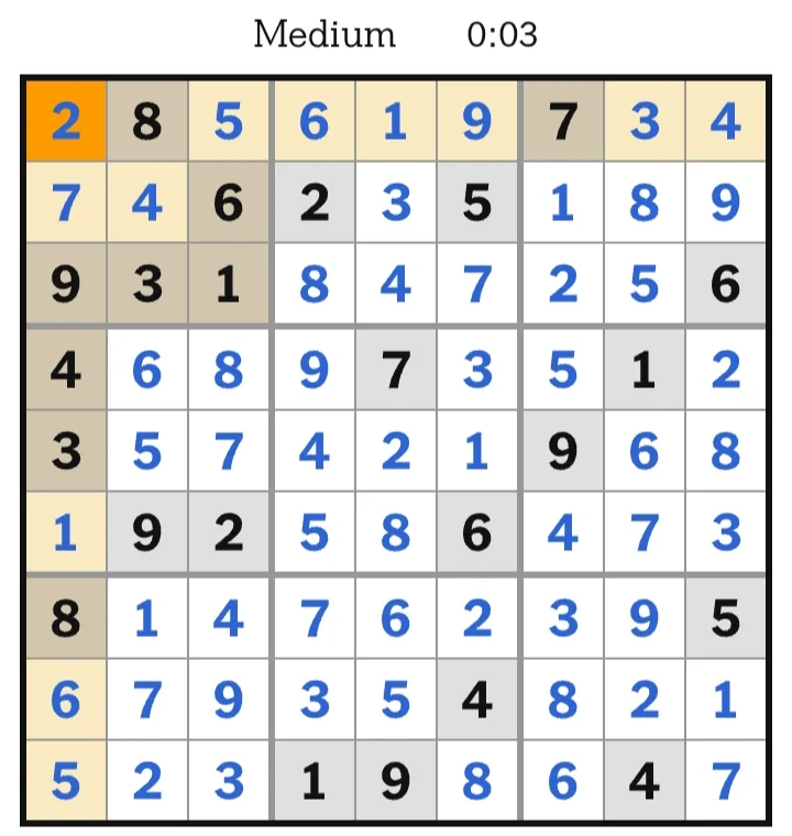 NYT Sudoku Medium Answers May 25, 2026