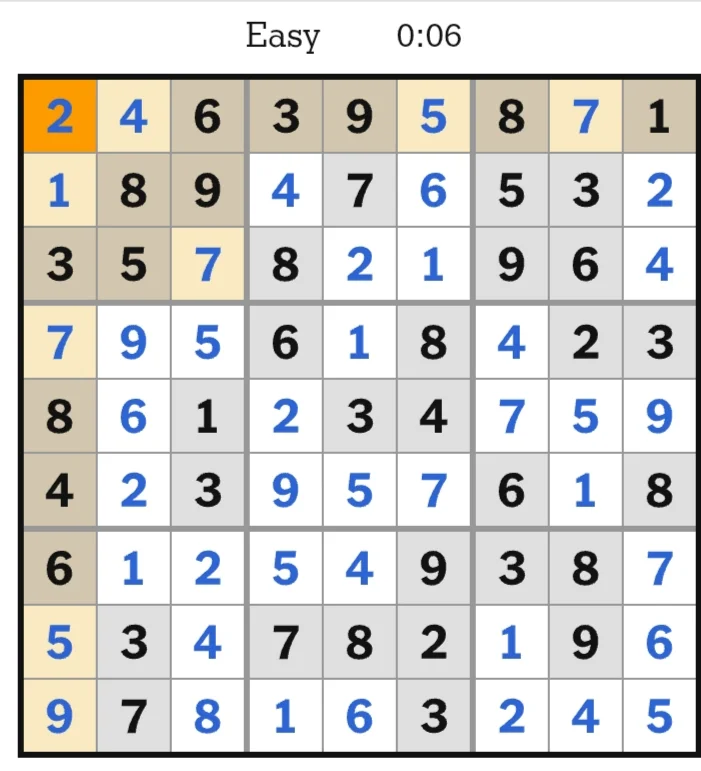 NYT Sudoku Easy Answers June 22, 2026