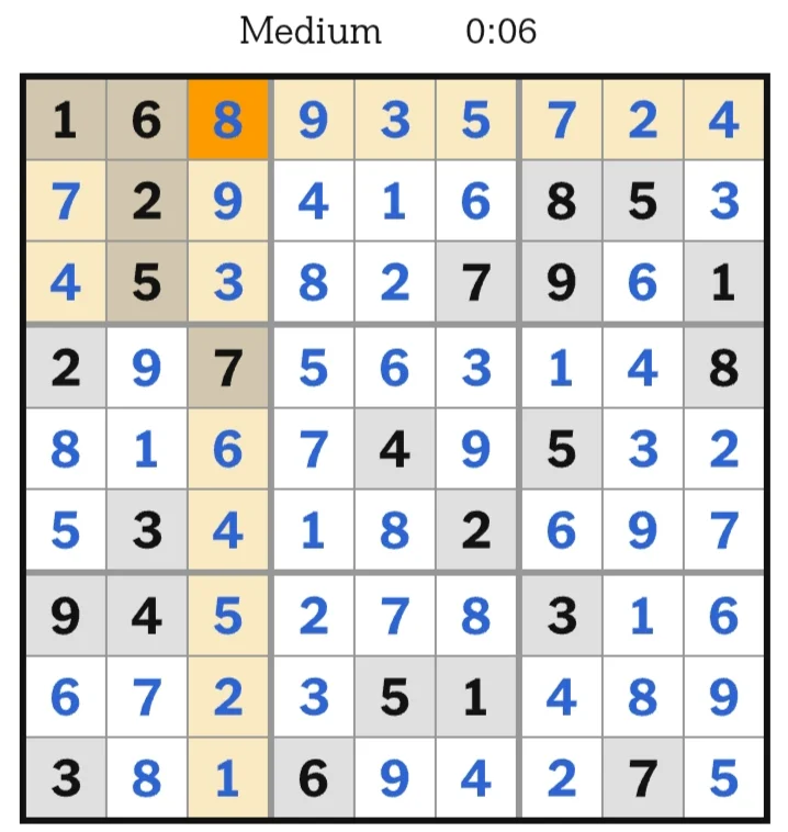 NYT Sudoku Medium Answer June 15, 2026