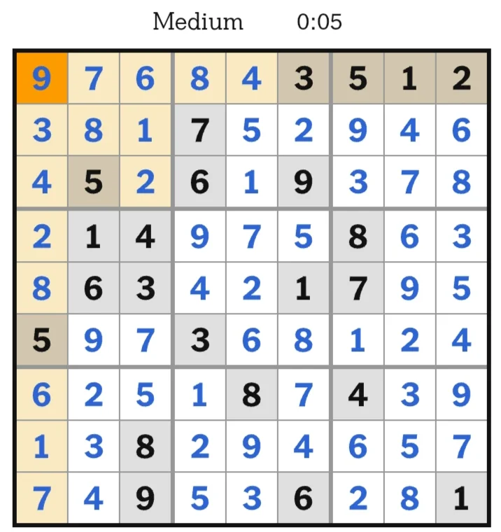 NYT Sudoku Medium Answers June 19, 2026