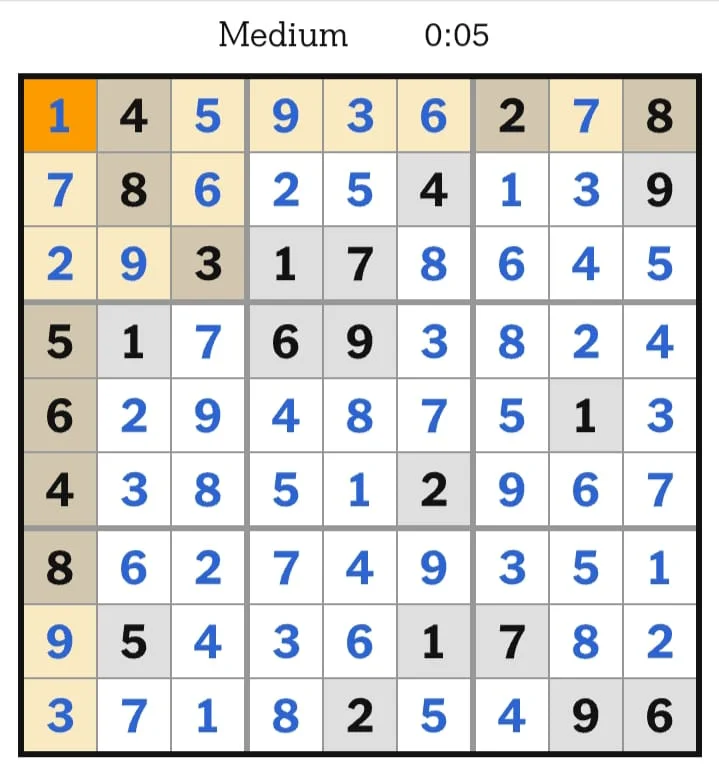 NYT Sudoku Medium Answers August 10, 2026